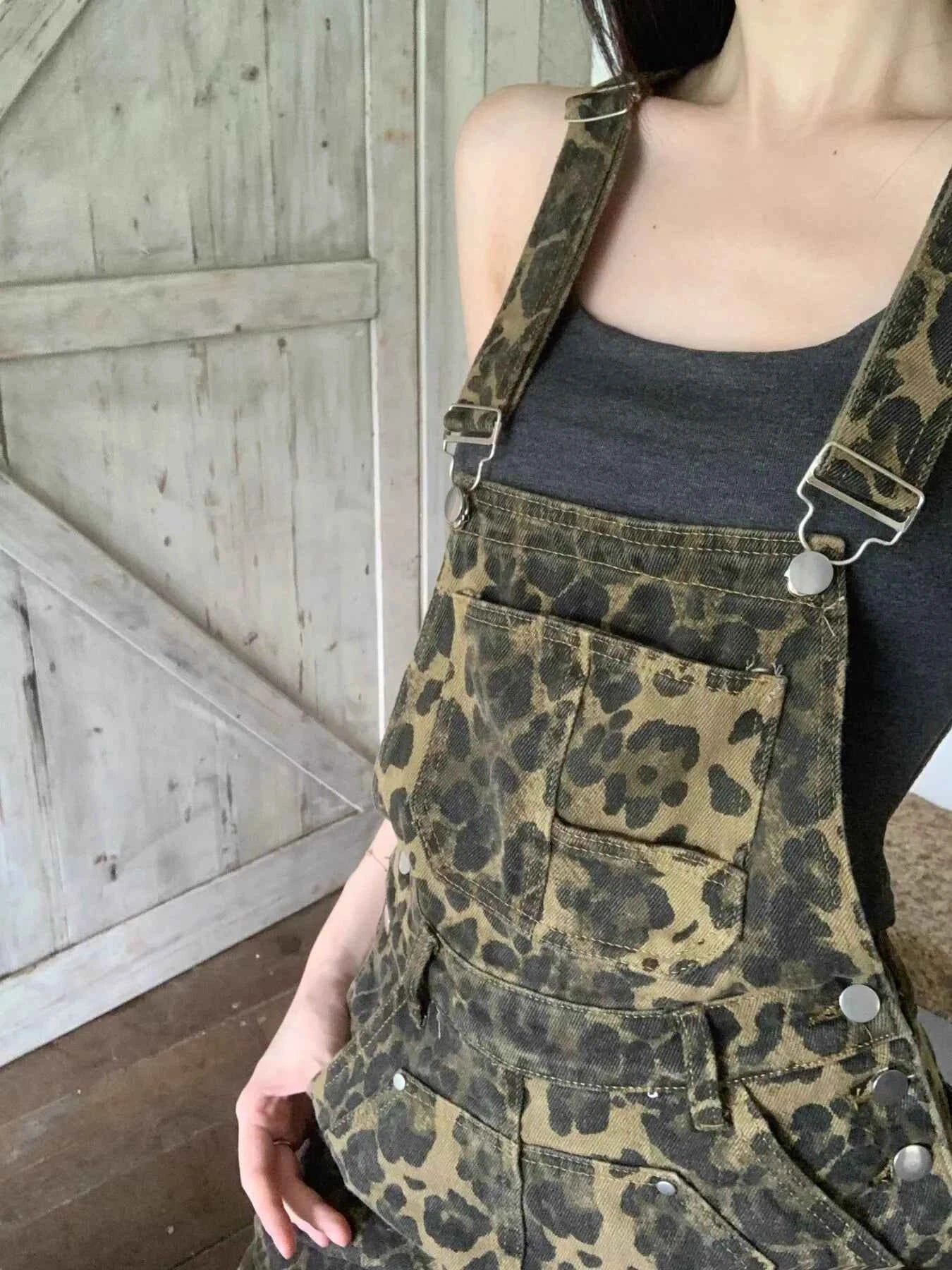 Leopard Print Denim Overall Dress