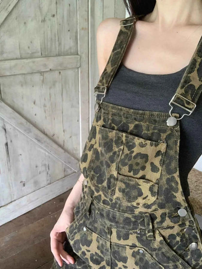 Leopard Print Denim Overall Dress