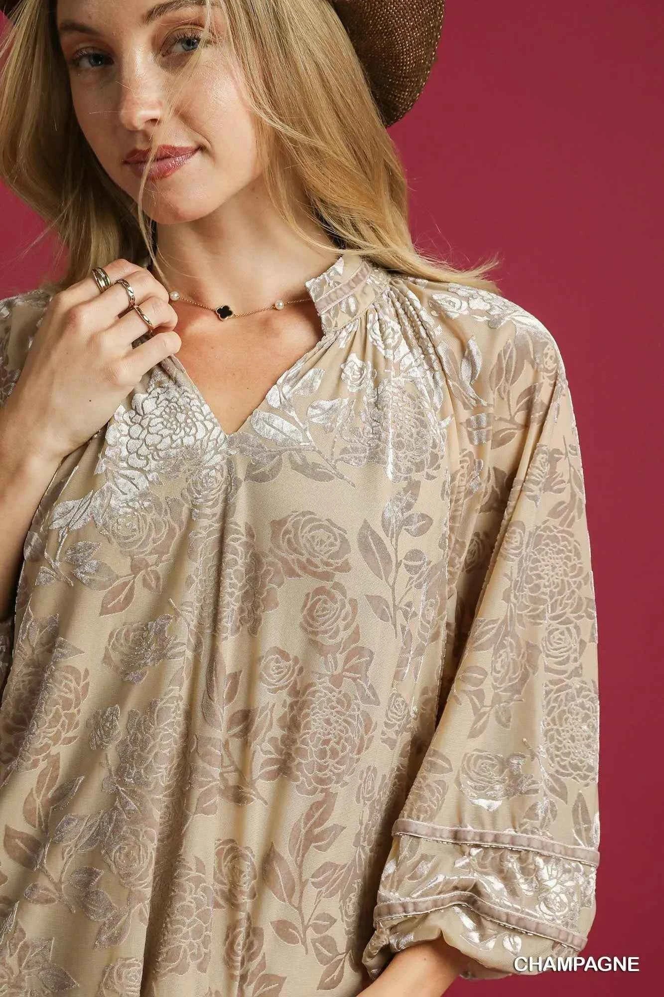 Umgee Floral Velvet Blouse with Balloon Sleeves
