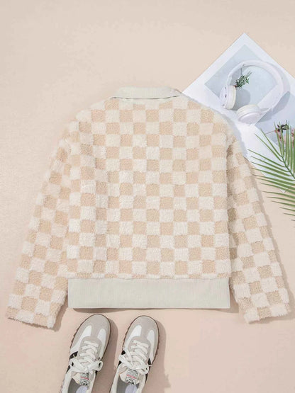 Checker Sherpa Corduroy Patchwork Zip Up Jacket