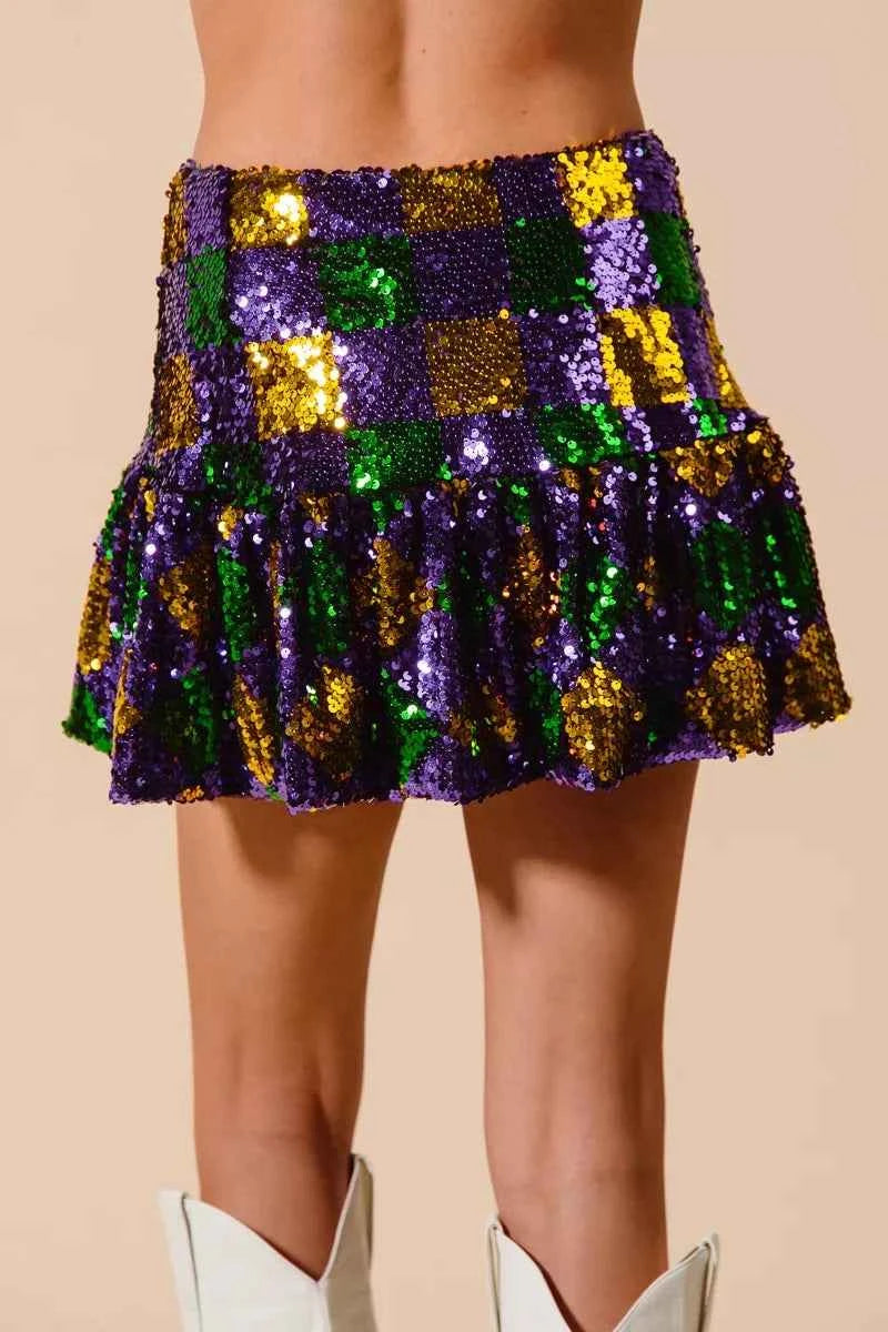 SO ME Mardi Gras Checker Sequins Mini Skirt
