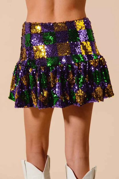 SO ME Mardi Gras Checker Sequins Mini Skirt