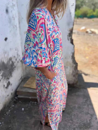 Full Size Printed V-Neck Dress with Pockets Plus Size