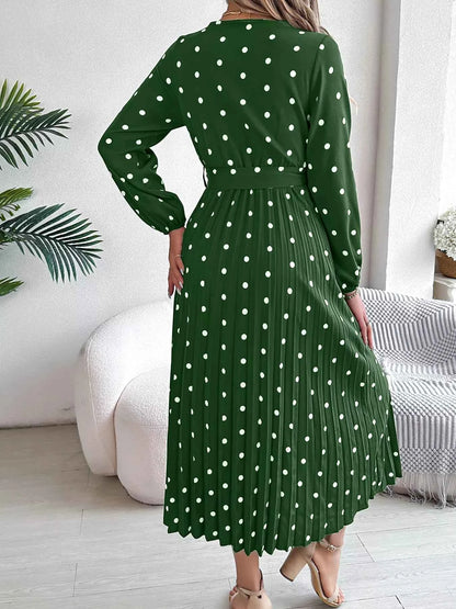 Front Tie Polka Dot Midi Pleated Dress