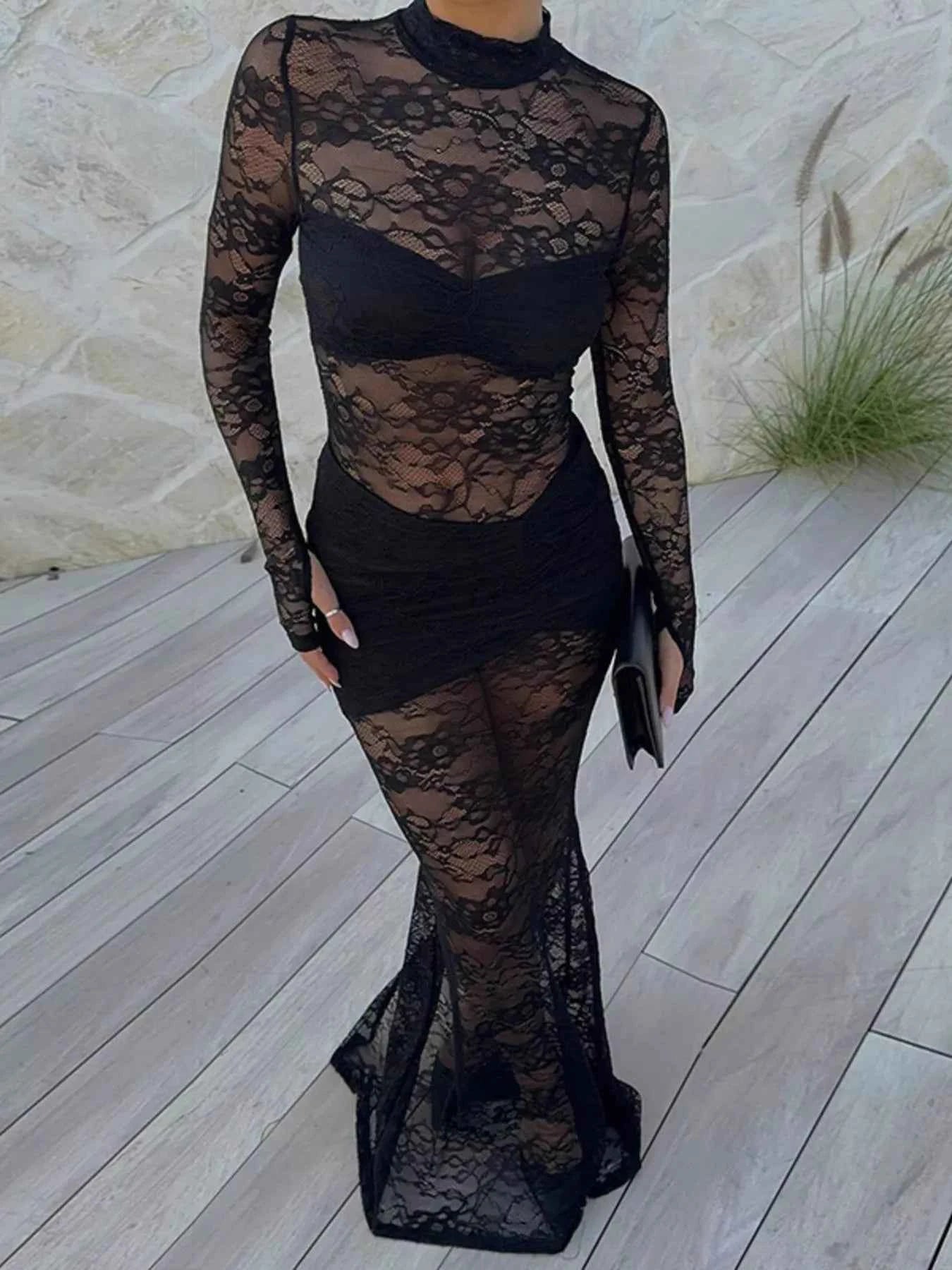 Lace Sheer Mock Neck Long Sleeve Maxi Dress