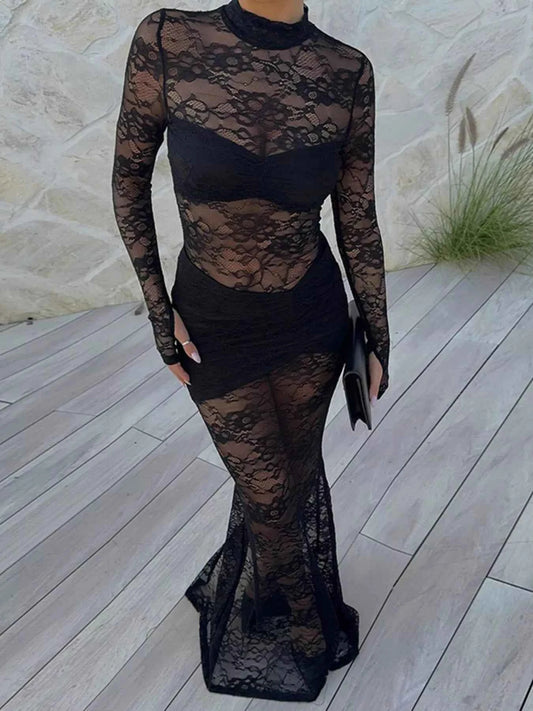 Lace Sheer Mock Neck Long Sleeve Maxi Dress