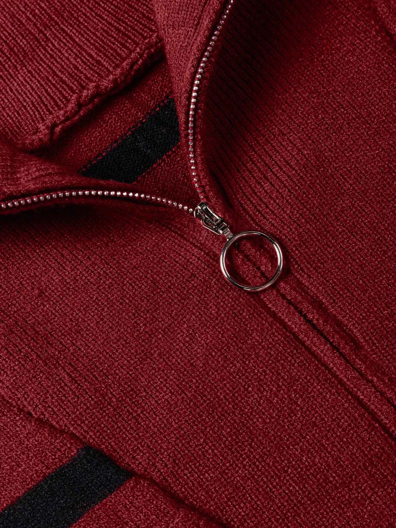 Striped O-ring Zip Collared Loose Sweater Mini Dress