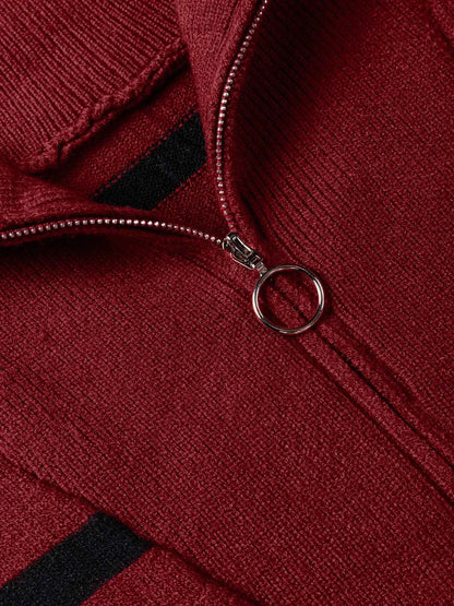 Striped O-ring Zip Collared Loose Sweater Mini Dress