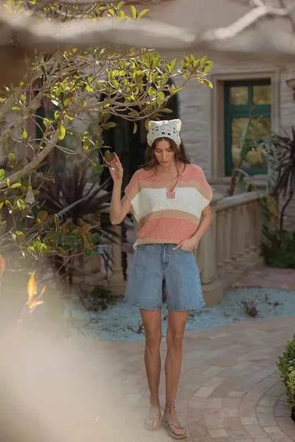 Annie Wear Low Gauge Color Block Textured Sweater Top