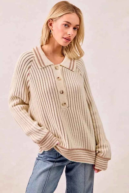 BiBi Half Button Ribbed Two Tone Sweater