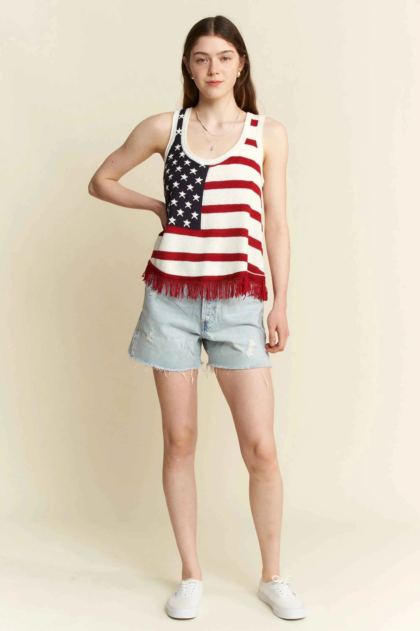 Jade By Jane Full Size American Flag Fringe Tank Top Plus Size