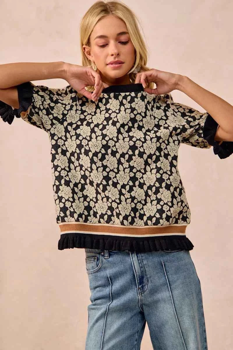 BiBi Textured Rose Knit Top Contrast Banded Puff Sleeve