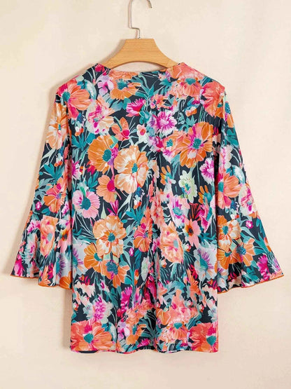 Floral 3/4 Flare Sleeve Tied Neck Blouse