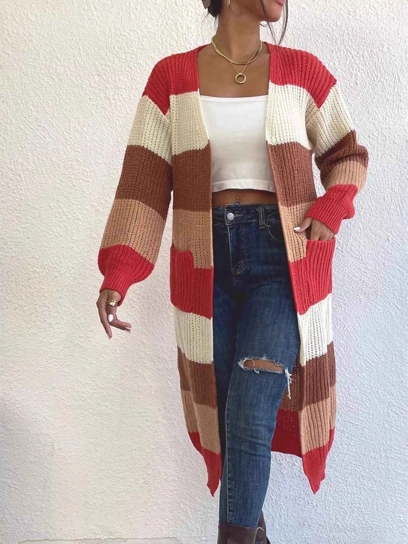 Striped Color Block Open Front Knit Cardigan