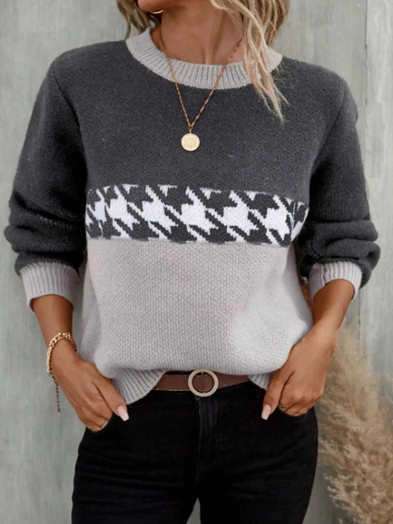 Color Block Houndstooth Sweater