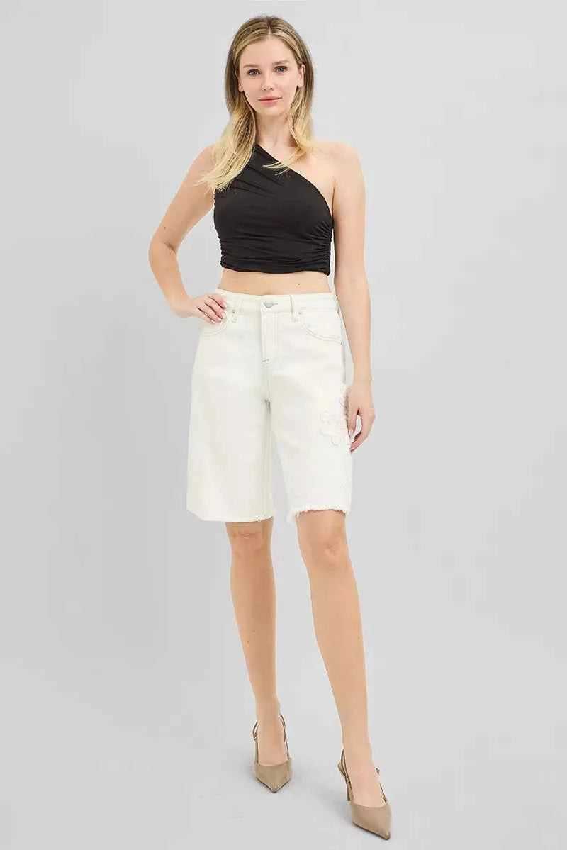 RISEN Slouchy Relaxed Floral Embroidered Bermuda Denim Shorts