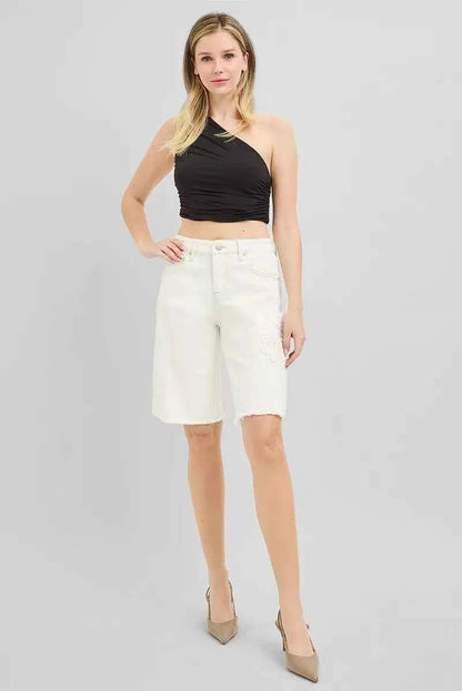 RISEN Slouchy Relaxed Floral Embroidered Bermuda Denim Shorts