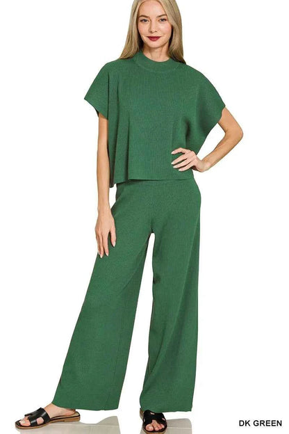 Zenana Viscose Sweater Short Sleeve Top and Pants Set