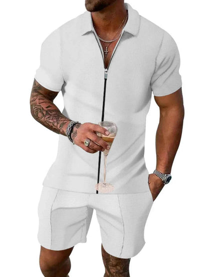 Men's Plus Size Zip Up Short Sleeve Top and Shorts Set