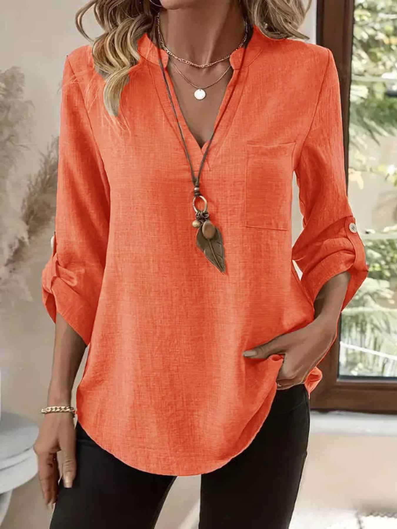 Notched Roll-Up Sleeve Blouse