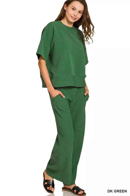 Zenana Ribbed Round Neck Tee & Pants Set