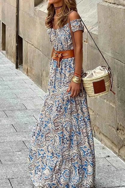 Boho Paisley Print Off Shoulder Maxi Dress