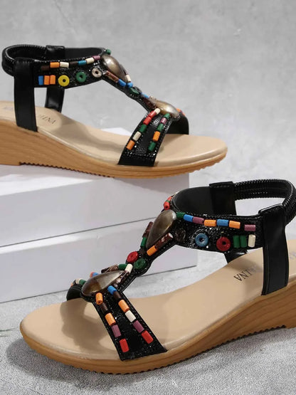 Bohemian Beaded T-Strap Wedge Sandals