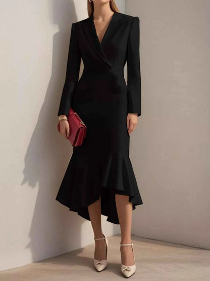 Ruffled Hem Long Sleeve Midi Blazer Dress