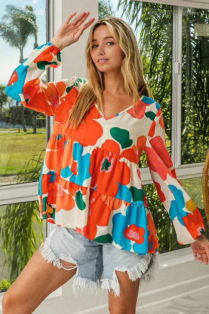 BiBi Floral Woven Tiered V Neck Top