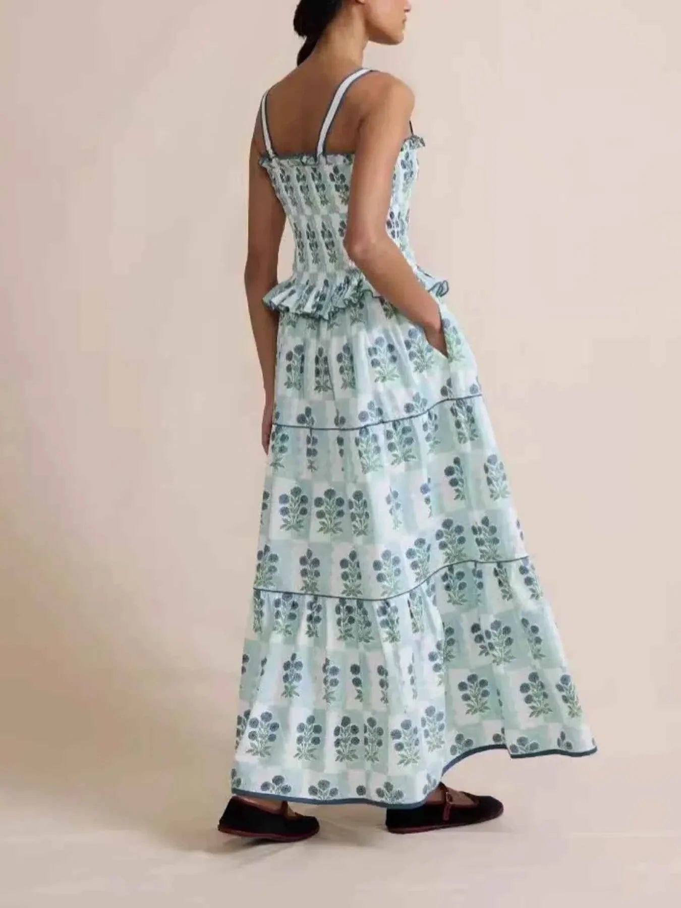 Bohemian Floral Print Smocked Tiered Maxi Dress
