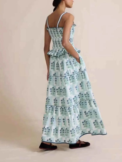 Bohemian Floral Print Smocked Tiered Maxi Dress