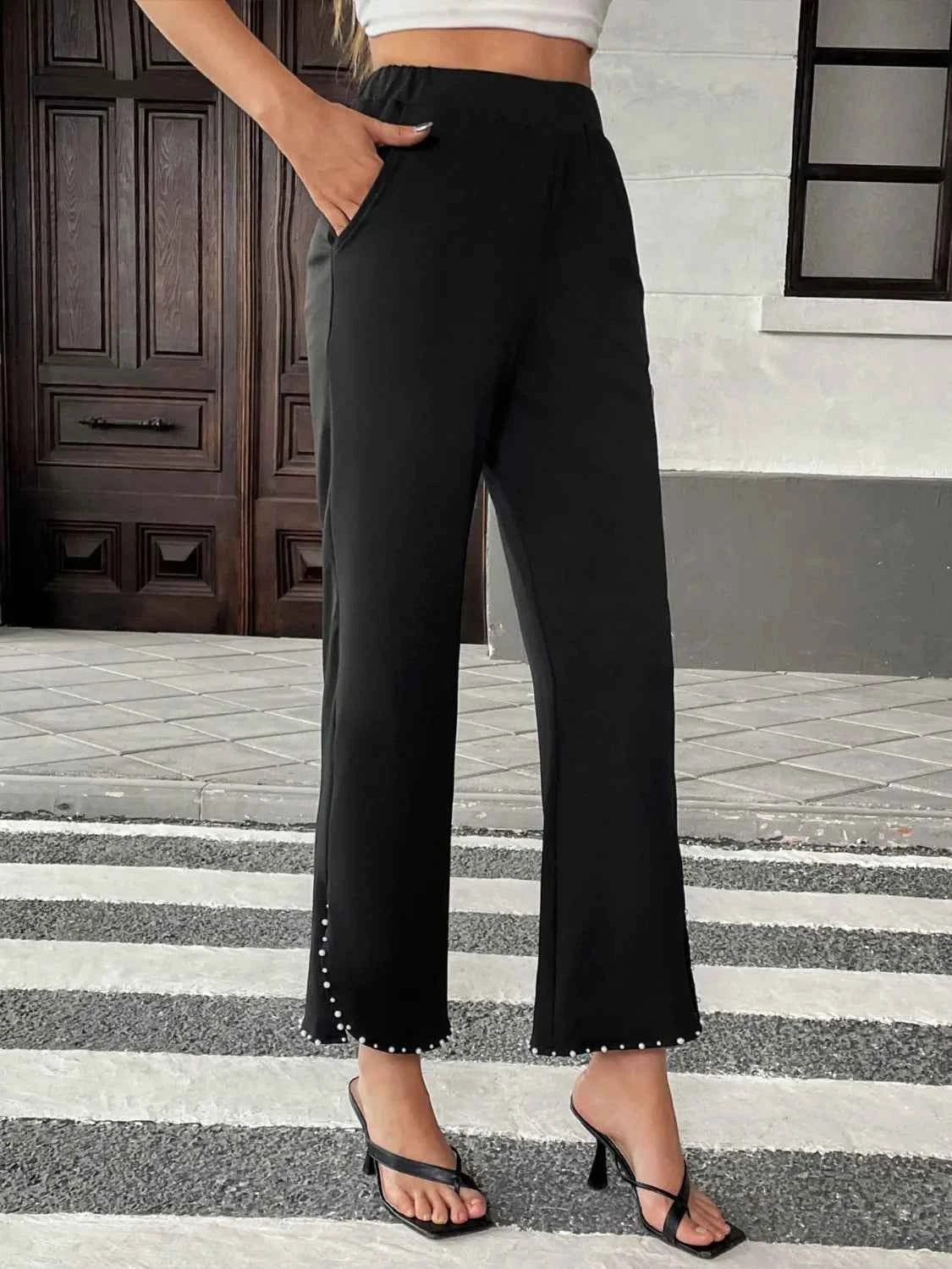 Pearl-Embellished Cropped Wide-Leg Pants