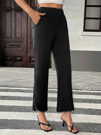 Pearl-Embellished Cropped Wide-Leg Pants