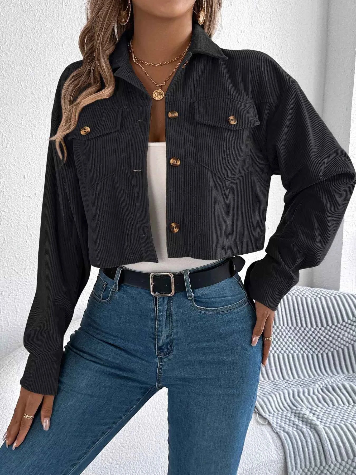 Corduroy Button-Up Dropped Shoulder Jacket