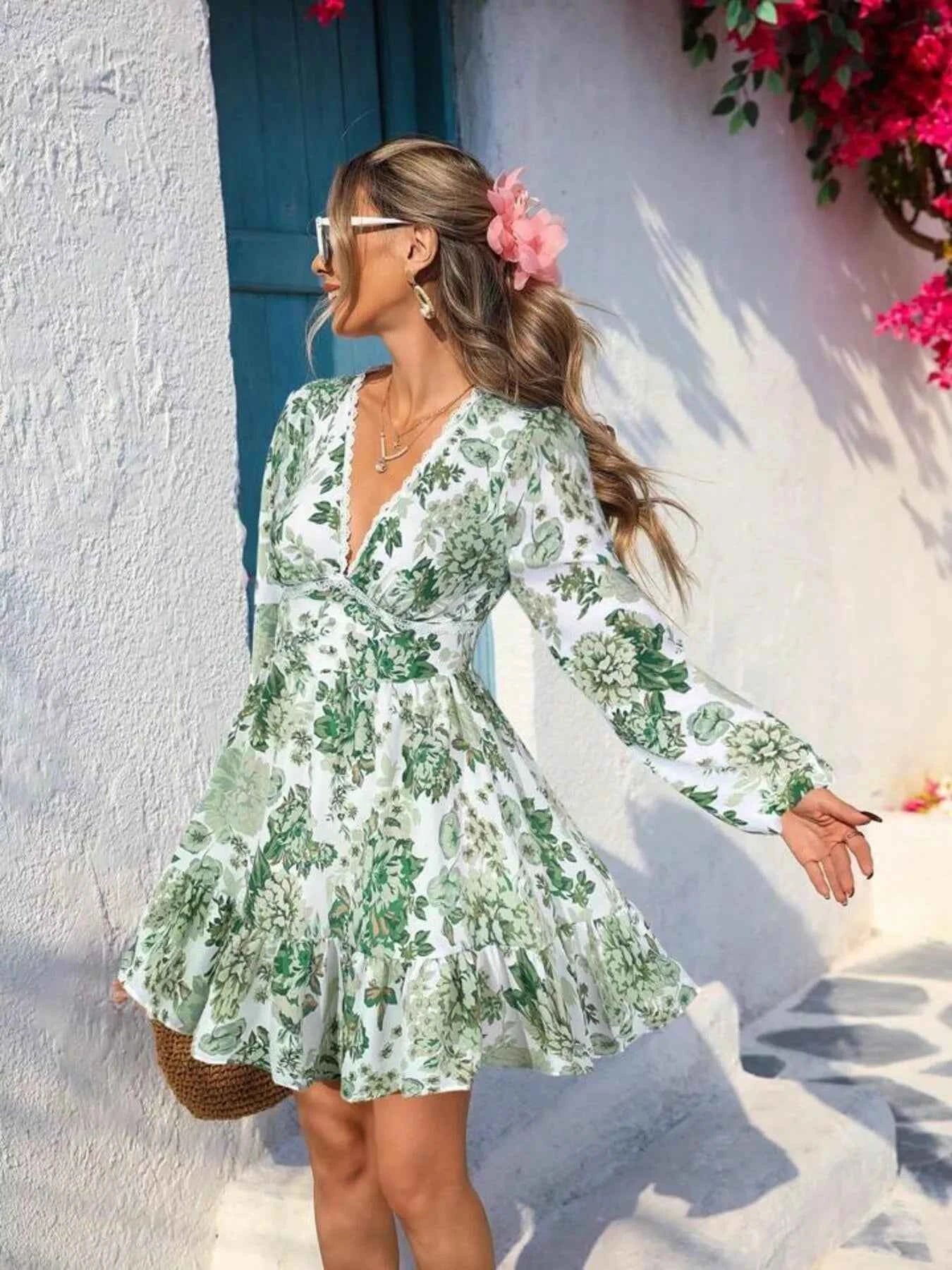 Full Size Floral Print V-Neck Long Sleeve Ruffle Hem Mini Dress Plus Size
