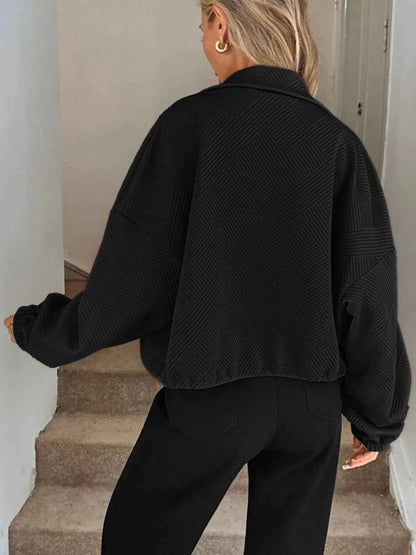 Drawstring Hem Textured Long Sleeve Jacket