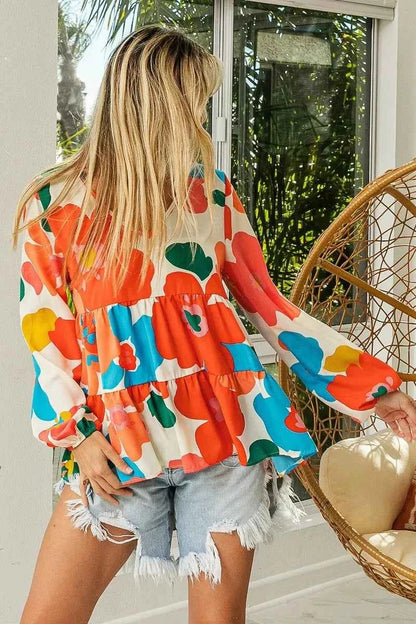BiBi Floral Woven Tiered V Neck Top