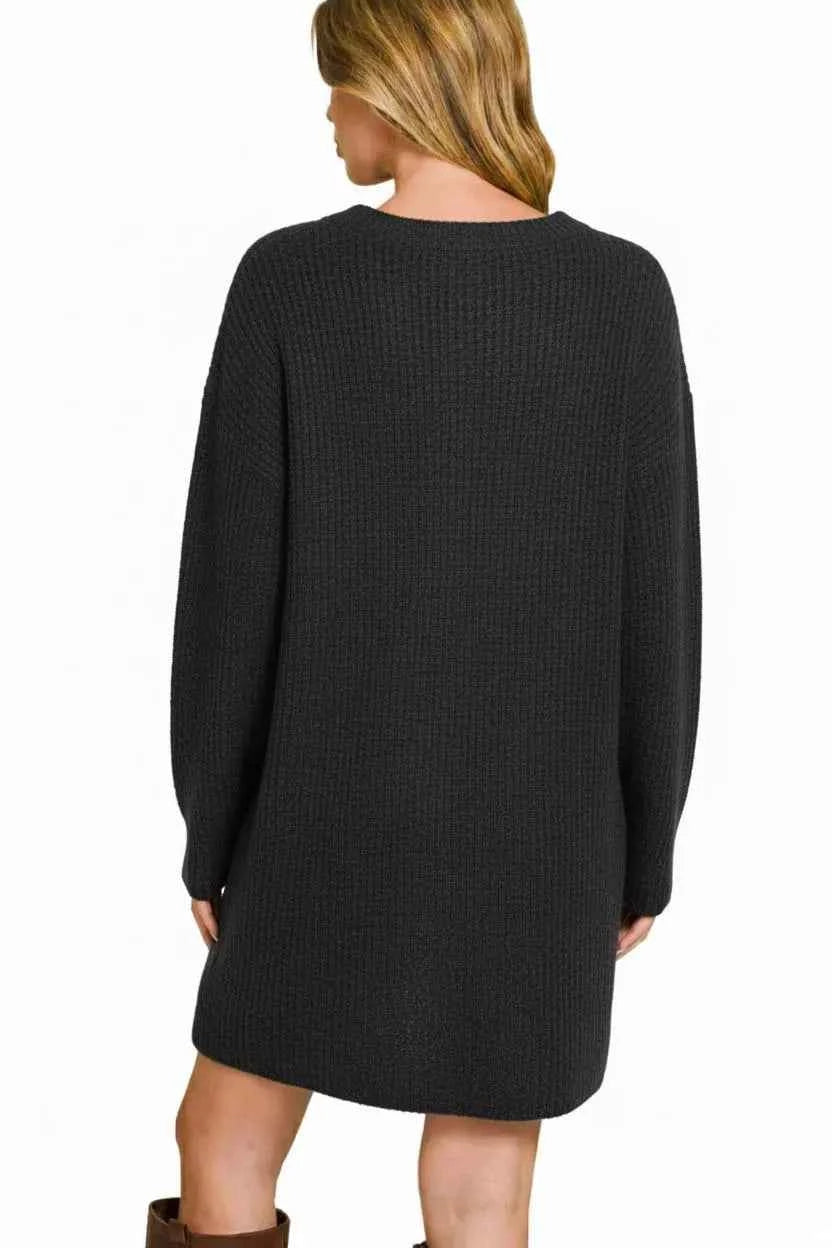 V-Neck Long Sleeve Ribbed Sweater Dress