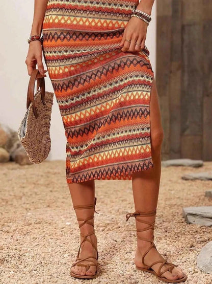 Boho Striped Side Slit Midi Skirt