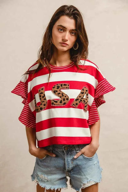 BiBi Stripe Mixed Ruffle Sleeve Top With Leopard Letter