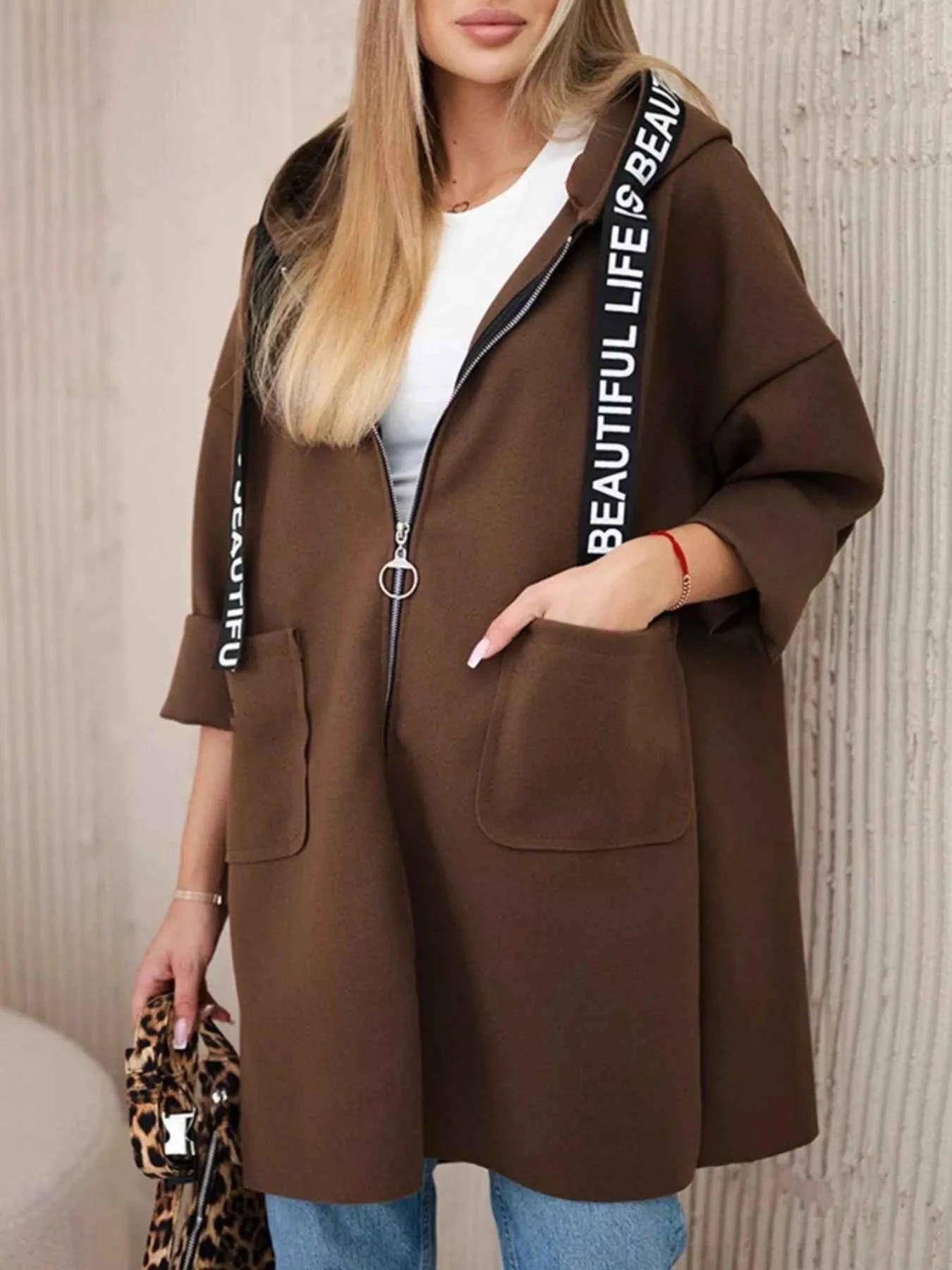 Full Size Hooded Zip-Up Longline Outerwear Plus Size