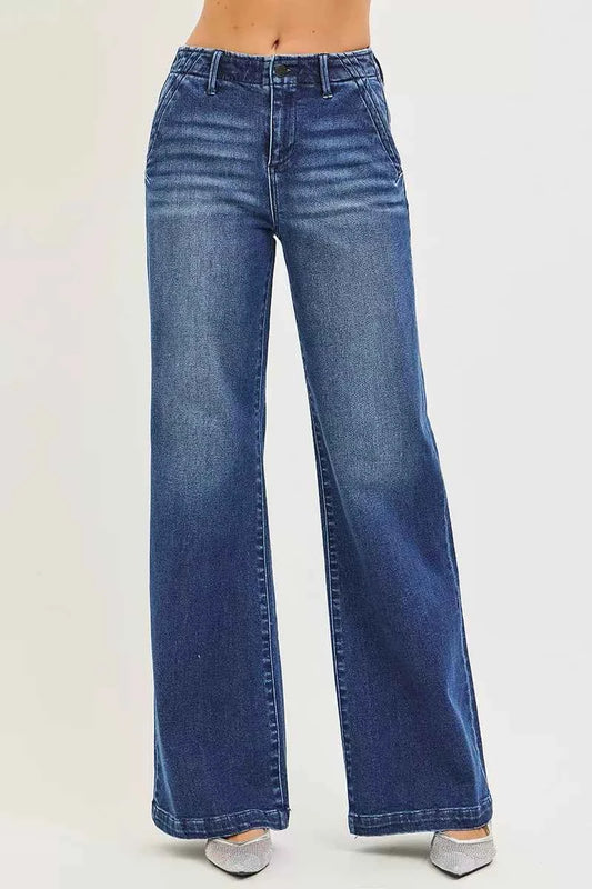RISEN High Rise Wide Leg Slanted Pocket Jeans