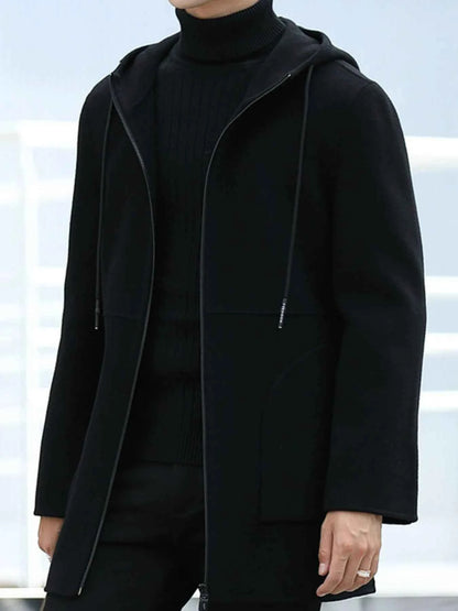 Men's Plus Size Zip Up Drawstring Hooded Wool Coat
