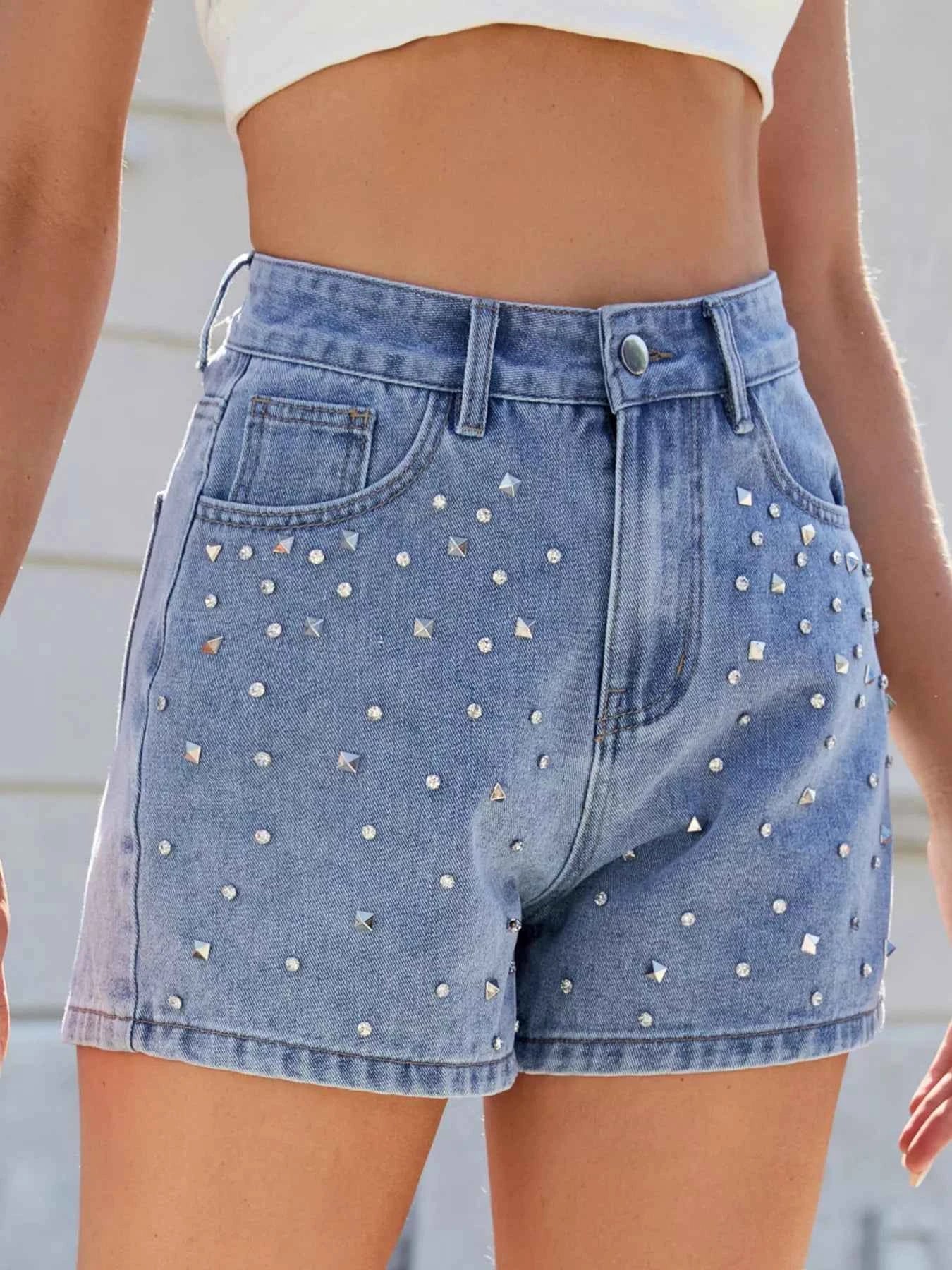 Studded High Waist Denim Shorts