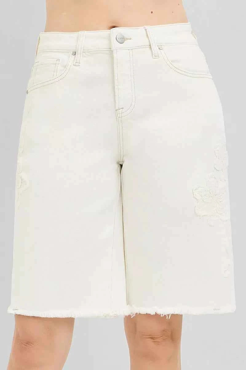 RISEN Slouchy Relaxed Floral Embroidered Bermuda Denim Shorts