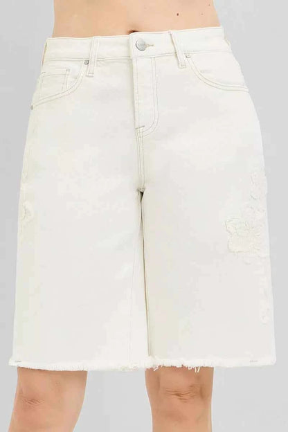 RISEN Slouchy Relaxed Floral Embroidered Bermuda Denim Shorts