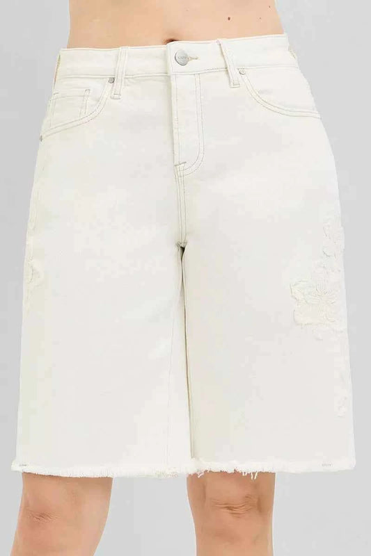 RISEN Slouchy Relaxed Floral Embroidered Bermuda Denim Shorts