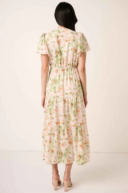 Mittoshop Flower Print Flutter Sleeve V Slit Maxi Dress