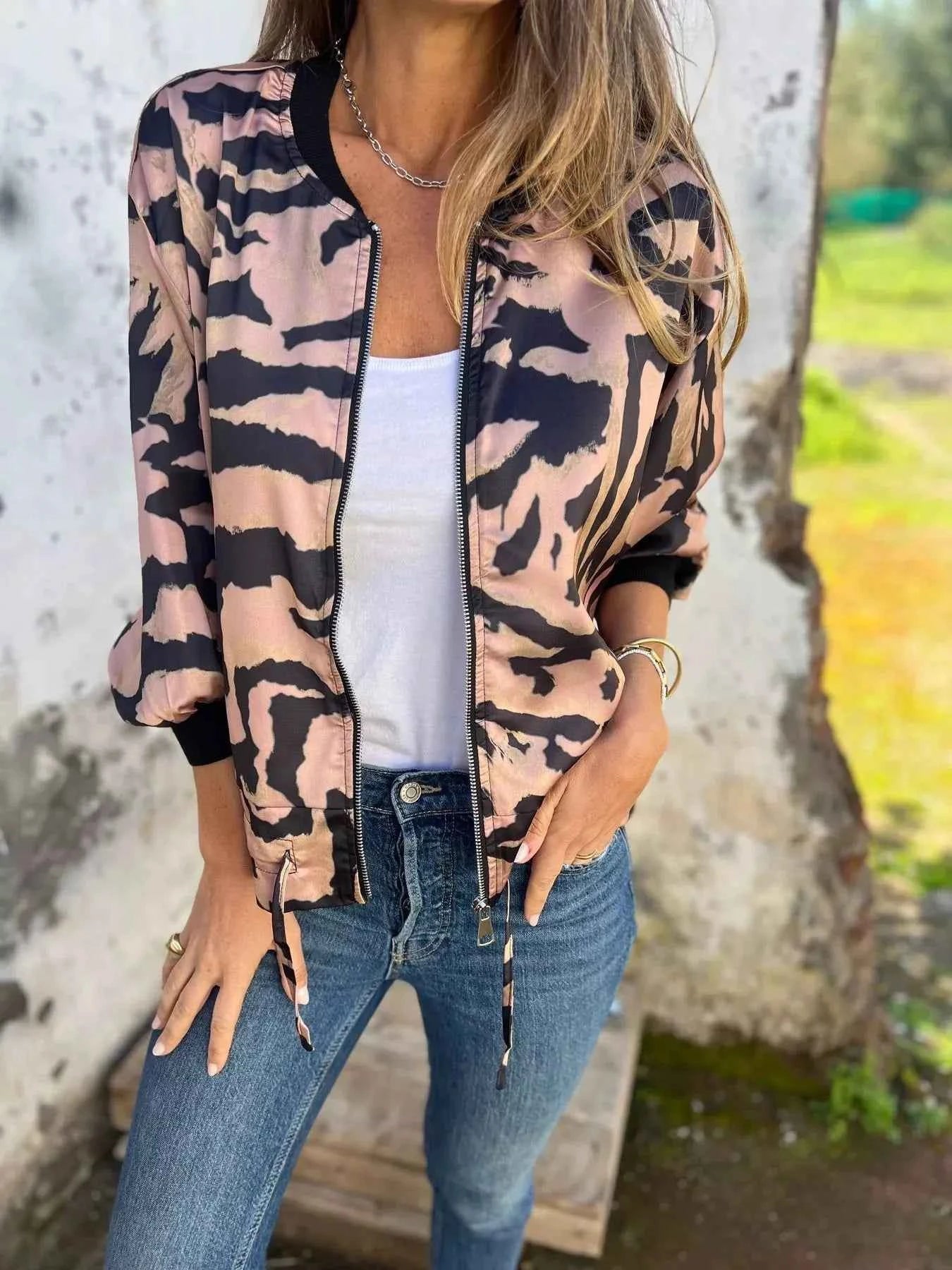 Full Size Zip Up Zebra Print Bomber Jacket Plus Size