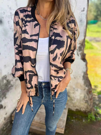 Full Size Zip Up Zebra Print Bomber Jacket Plus Size